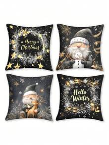 4 piezas/1 pieza Funda de almohada decorativa de Navidad en negro y dorado - Feliz Navidad/Hola Invierno, diseño de enano y muñeco de nieve/ciervo, 45x45 cm | Cierre con cremallera | Colores brillantes, material de poliéster | Para sala de estar, decoración de habitación, sofá y dormitorio (relleno no incluido) Excelente para decoraciones navideñas, decoración del hogar, suministros para fiestas de Navidad