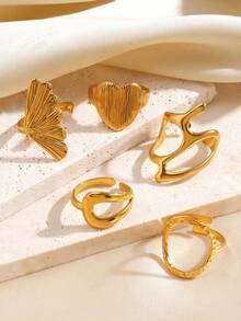 5pcs Stainless Steel 18K Gold Plated Geometric Heart & Circle Ring Set, Fashionable Jewelry Suitable For Women's Daily Wear, Party, And Holiday Gifts - Multicolor - View 3