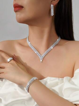 5pcs Set Cubic Zirconia Necklace Earrings Jewelry Set For Women, Including Earrings, Ring, Bracelet, Necklace, Suitable For Daily Outing, Party, Wedding, Birthday, Festival Occasions