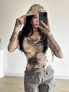 Áo thun dài tay có mũ trùm đầu dáng ôm dáng đơn sắc dành cho nữ phong cách đường phố Top Dazzle - Màu Khaki - Xem 2