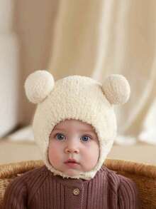 1 件米色双绒球针织婴儿帽，带下巴带，舒适护耳婴儿帽，冬季保暖护耳婴儿帽 - 駝色 - 查看 1