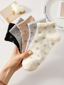 1/5 pares de calcetines cortos para mujer de diseños de moños y flores en blanco y rosa, que absorben la humedad y son cómodos hasta el tobillo, adecuados para uso diario y salidas, enviados al azar