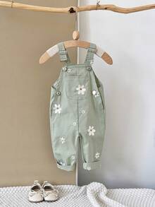 Baby Girls' Casual All-Over Embroidered Floral Light Blue Suspender Pants, Summer