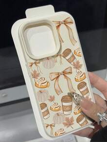 1pc Fashion Personalized Autumn Bow Coffee Pattern Waterproof Anti-Fall Anti-Slip Litchi Texture Soft Phone Case Protective Cover Compatible With Apple, And Phones