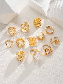 19pcs Elegant Vintage Delicate Party Style Faux Pearl Ruffle Flower Geometric Chunky Metal Ring Set, Geometric Line Design, Suitable For Women's Daily, Party, Vacation Wear, Versatile Stackable, Perfect Gift For Holidays - Style 13 - View 4