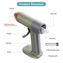 Pistola de pegamento caliente inalámbrica Tilswall W106 de 4 V, precalentamiento rápido de 30 s, 20 barras de pegamento de 7 x 140 mm (0,28 x 5,51 pulgadas), boquilla antigoteo, batería recargable tipo C de 2000 mAh, color verde oliva
