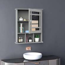 Stylish Grey Wall-Mounted Bathroom Cabinet With Mirror Door And 3 Shelves - Versatile Organizer For Bathroom, Kitchen, And Bedroom Spaces