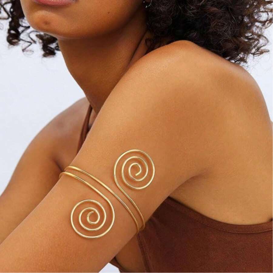 Golden Spiral Pattern Bangle Armlet Arm Jewelry Metallic Arm Cuff Arm Bracelet Arm Bangle For Women's Daily Wear