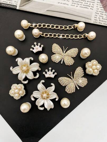 16 יחידות אביזרי נעליים נשלפים - שרשרת פניני ABS, כתר קריסטל לבן, פרפר קריסטל זהב, פרח פנינה ABS לבן, מתאים לנשים סנדלים, כפכפים, תיקי חוף, נהדר למתנות חג ויום הולדת