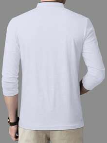 95% Cotton Men's Stand Collar Button-Up Long Sleeve Polo Shirt, Autumn - White - View 3