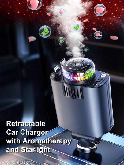 W&O Chargeur de voiture rétractable 5-en-1 avec fonction d'aromathérapie et d'étoiles, chargeur de voiture USB-C compatible avec iPhone 16/15/14/13/12/11, désodorisant de voiture, charge rapide pour téléphones Android, cadeau de Noël