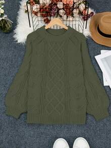 Plus Size Loose Casual Crew Neck Long Sleeve Knit Sweater - Army Green - View 5