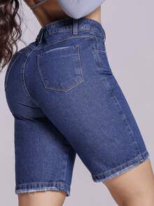 Women's Denim Shorts Jorts Jeans Knee Length With Pocket Plain Casual Bermuda Shorts - Rửa tối - Xem 2