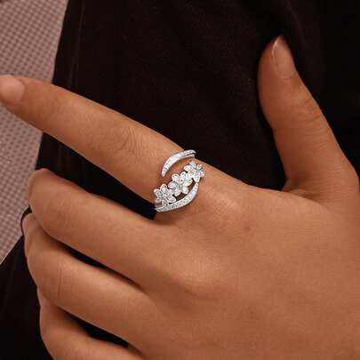 S925 Sterling Silver Luxury Floral Cubic Zirconia Women's Ring, Elegant & Unique, Suitable For Daily, Party, Holiday Gifts, Valentine's Day, Halloween, Easter, Comes With Gift Box