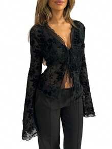1 Stück Damen Herbst Blumen Mesh Schleife Vorne Rüschen Weite Ärmel Bluse - Schwarz - Übersicht 10