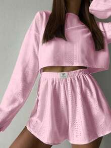 2件套女士舒适半镂空圆领长袖上衣和侧开衩短裤家居服套装，秋冬服装