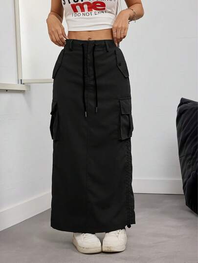 brightphoto Solid Color Retro Utility Skirt, Elegant Drawstring Street Style Everyday Wear, Spring/Summer/Autumn Black