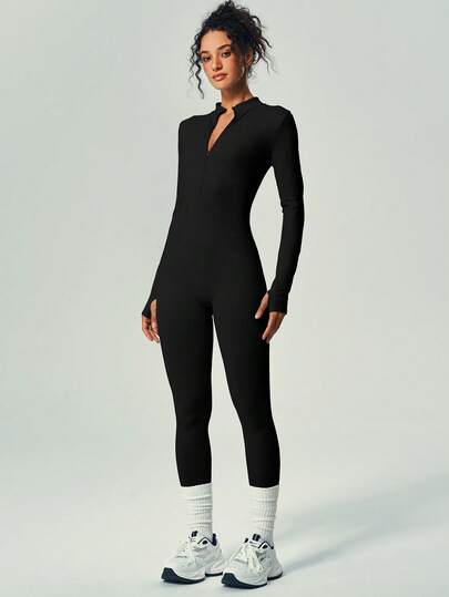 UONNOU 1 Piece Jumpsuit One-Piece Sportswear Peach Hip Lift Waist Control Abdomen Slim Leg Full Body Shaping Zipper Half-Opening Long Sleeve Thumb Hole Design Small Stand-Up Collar Suitable For Sports Skiing Cycling Gym Yoga Ball Sports Exercise Indoor And Outdoor Daily Leisure Seamless Ribbed Knitted Fabric Sportswear Autumn And Winter Style