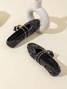 Women's Round Toe Flat Mary Jane Shoes With Metallic Accent, Fall, Autumn, Fashion Slip-On Flats