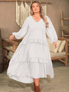 Váy dài tay cổ chữ V màu trơn viền bèo nhún nhiều lớp cỡ lớn cho kỳ nghỉ bên bờ biển phong cách Boho trang phục bãi biển lễ Phục sinh Hawaii lễ hội âm nhạc kỳ nghỉ nhiệt đới - trắng - Xem 5