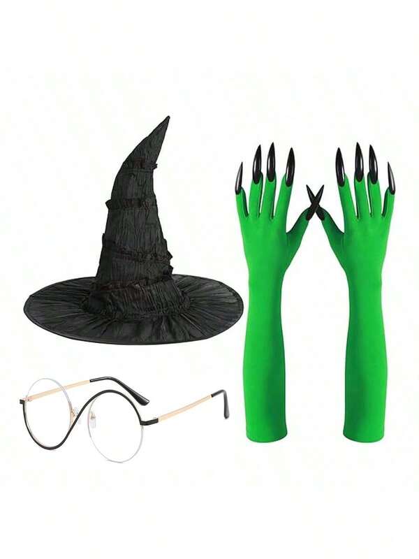 Acessórios para fantasia de bruxa de Halloween: chapéu de bruxa com babados, óculos de bruxa, luvas verdes com garras de bruxa, chapéu de bruxa, maquiagem para festa de festival e baile de máscaras