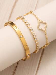 Bộ vòng tay và lắc tay bằng thép không gỉ đính đá Zirconia hình cỏ bốn lá thời trang thanh lịch dành cho nữ, thích hợp đeo hàng ngày, đeo nhiều lần, hẹn hò đôi, phối đồ trong nhiều dịp và làm quà tặng - Vàng - Xem 3