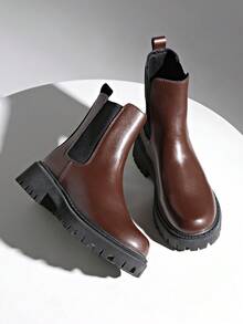 女士新款纯色粗跟短靴，秋冬时尚切尔西靴百搭圆头松紧带踝靴，踝靴和短靴，秋季，棕色，优雅 - 棕色 - 查看 13