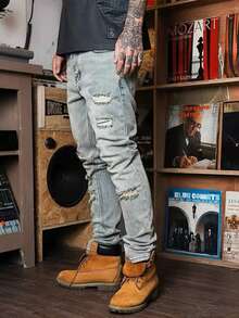 Streetwear Elastic Slim Fit Casual Distressed Denim Jeans For Men - Rửa nhẹ - Xem 4