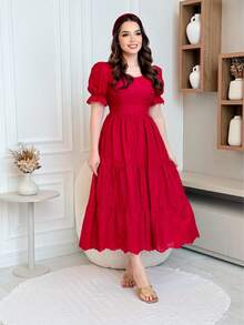 Elegant 3D Embroidered Laise Midi Dress In 100% Cotton With Puff Sleeves And Flared Skirt - Rojo - Ver 1