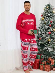 1 Set Men's Christmas Print Loungewear Set, Long Sleeve Top And Long Pants, Fall & Winter Clothes - Multicolor - View 2
