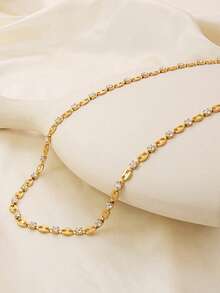 1pc Stainless Steel Coffee Bean & Zirconia Stone Necklace, Elegant Personalized Women Clavicle Chain - 50cm Golden Coffee Bean Necklace - View 2
