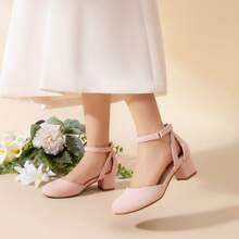 Little Girl's Wedding Party Pumps - Closed Toe High Heels With Ankle Strap For Toddler & Big Kid - Nude - View 3