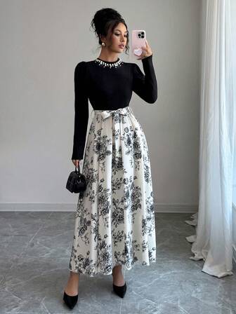 女士 3D 珍珠装饰长袖弹力拼布花裙，适合节日派对、秋冬风格。