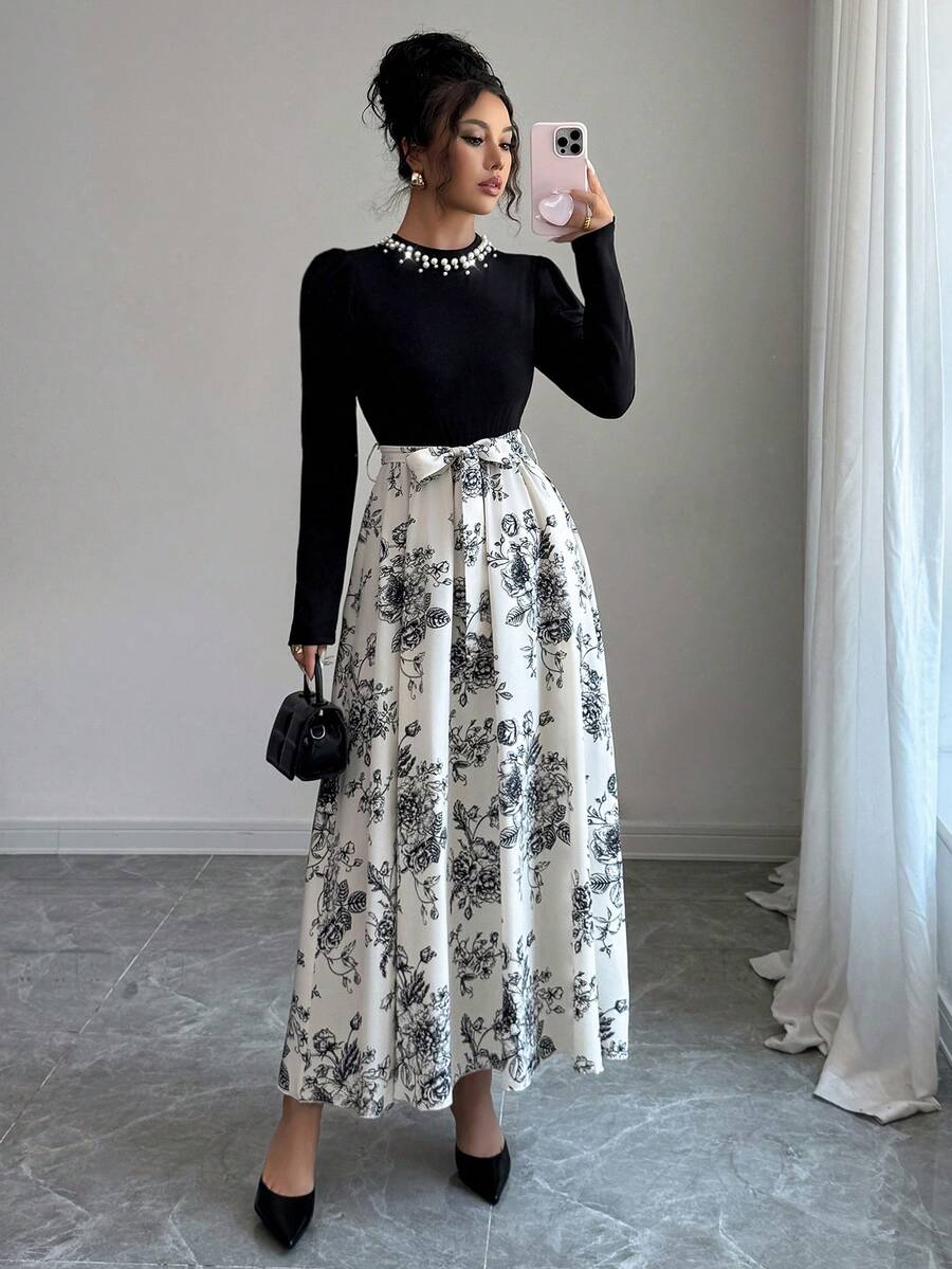 Women's 3D Pearl Decor Long Sleeve Floral Patchwork Elastic Dress, Suitable For Holiday Parties, Autumn/Winter Black Vacation Spring Elegant - Black - View 1