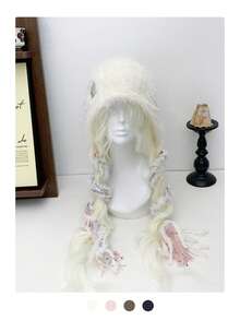 1 件蓬松卷曲粉色帽子，可爱甜美针织女帽，多功能耳暖帽，秋冬 - 彩色 - 查看 7