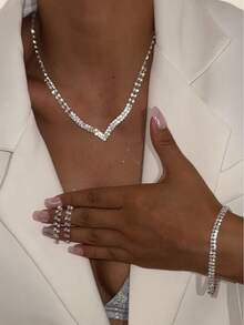 Elegant Lady Jewelry Set - Rhinestone Necklace, Earrings, And Bracelet, Fashionable Minimalist Design, Suitable For Weddings, Parties, And Formal Occasions