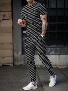 Men's Casual Versatile Round Neck Short Sleeve T-Shirt And Pants Set - Multicolor - View 1