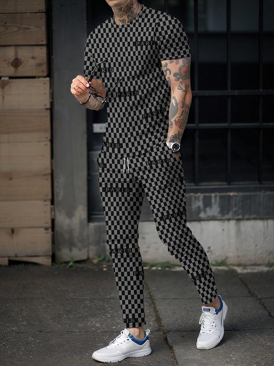 Men's Casual Versatile Round Neck Short Sleeve T-Shirt And Pants Set - Multicolor - View 1