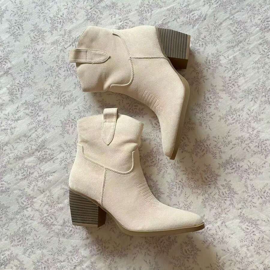 Women's Western-Style Ankle Boots With A Wide Heel, A Cowboy-Inspired Design, Modern And Elegant. - Beige - View 1