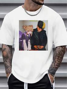 Camiseta gráfica casual para hombres - Impresión de doble personaje inspirada en anime, ajuste regular, manga corta, cuello redondo, camiseta de verano lavable a máquina para atuendo casual, ropa de calle cómoda, tela no transparente - Blanco - Ver 1