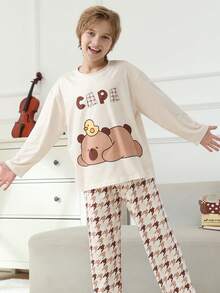 2pcs/Set Cartoon Print Crew Neck Pullover Boys Pajamas, Flame Retardant Children Sleepwear, Autumn/Winter