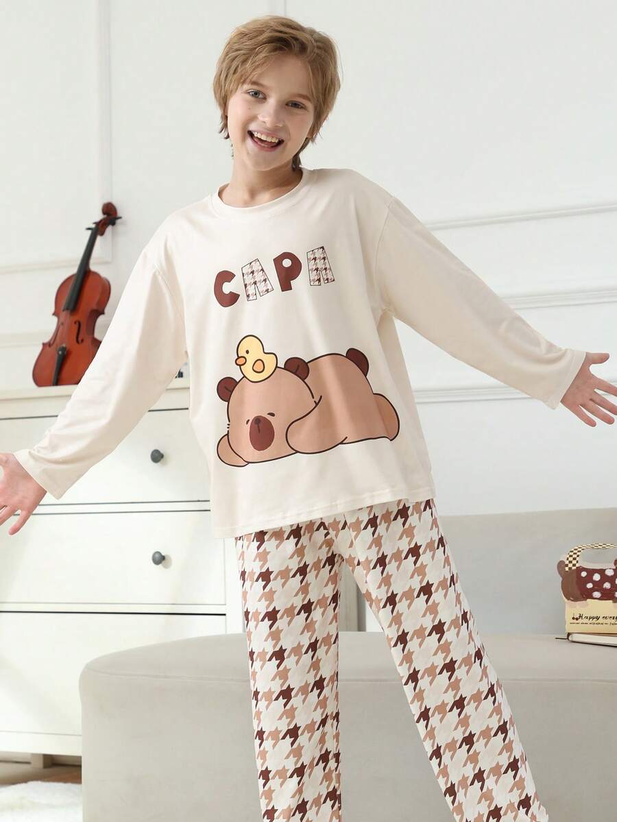 2pcs/Set Cartoon Print Crew Neck Pullover Boys Pajamas, Children Sleepwear, Autumn/Winter - Apricot - View 1