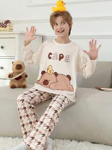 2pcs/Set Cartoon Print Crew Neck Pullover Boys Pajamas, Flame Retardant Children Sleepwear, Autumn/Winter