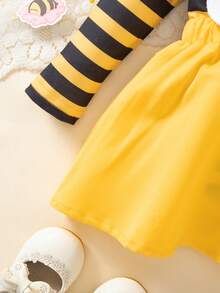 3pcs Baby Girls Outfit Set: Yellow & Black Striped Romper, Embroidered Bee Suspender Dress (With Ruffle Hem And Headband) - Multicolor - View 10
