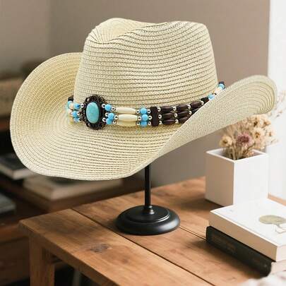 Women Straw Cowgirl Hat Western  Bead Belted Sun Holiday Beach Hiking Cap
