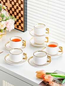 1 套陶瓷杯碟套装，陶瓷茶杯和盘子，咖啡杯碟盘，欧式金边饮具，适合早餐、茶会、下午茶、居家、花园、餐厅，四季皆宜 - 彩色 - 查看 3