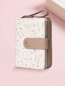 New Korean Style Folding Buckle Short Women's Wallet, Japanese Cute Cat Cartoon Integrated Card Holder, Student Bag, Zipper Coin Purse Wallet - Màu Khaki - Xem 5