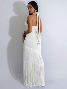 Vestido de cóctel de unicolor, sexy, con abertura y flecos en el bajo para mujer