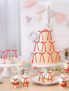 20pcs Red Ribbon Bow Cake Decorations, Minimalist Bow Decor, Home Decor Accessories, Suitable For Home Decor, Weddings, Parties, Candlelight Dinners, Holiday Gifts, Desserts & Baking, Christmas Decorations - Red - View 5