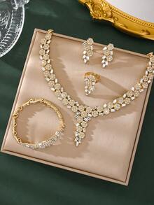 5件套沙特国庆节奢华夸张金色水钻镶嵌树叶设计项链、耳环、戒指、手链套装，适合女士婚礼派对佩戴 - 金黃色-6 - 查看 14